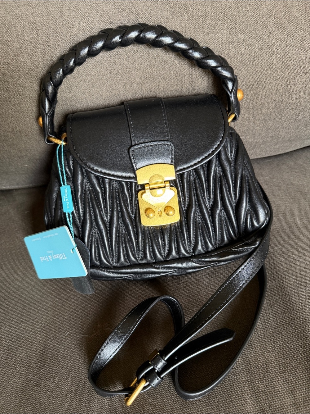 NWT Tiffany & Fred Paris Black Quilted Leather Mini Top-Handle Bag with Gold Loc